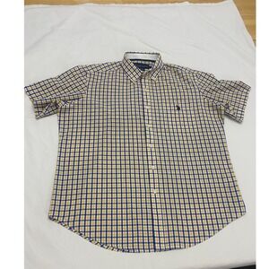 US Polo Assn Mens Large Plaid Button Down‎ Short Sleeve Shirt Yellow Blue Cotton